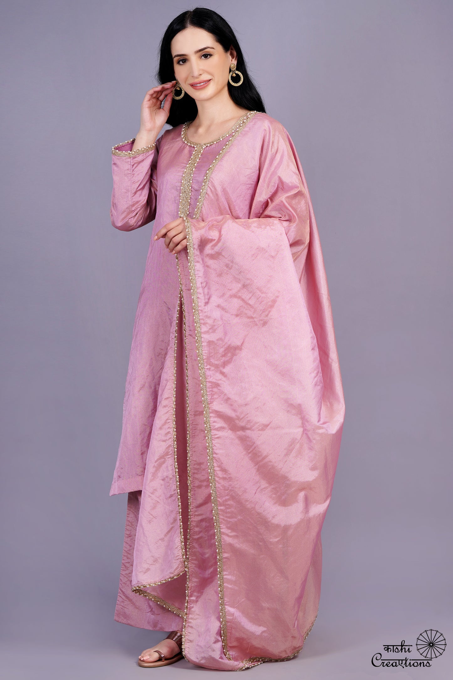 Onion Pink Pure Tissue Silk handwoven Stitched Suit Set