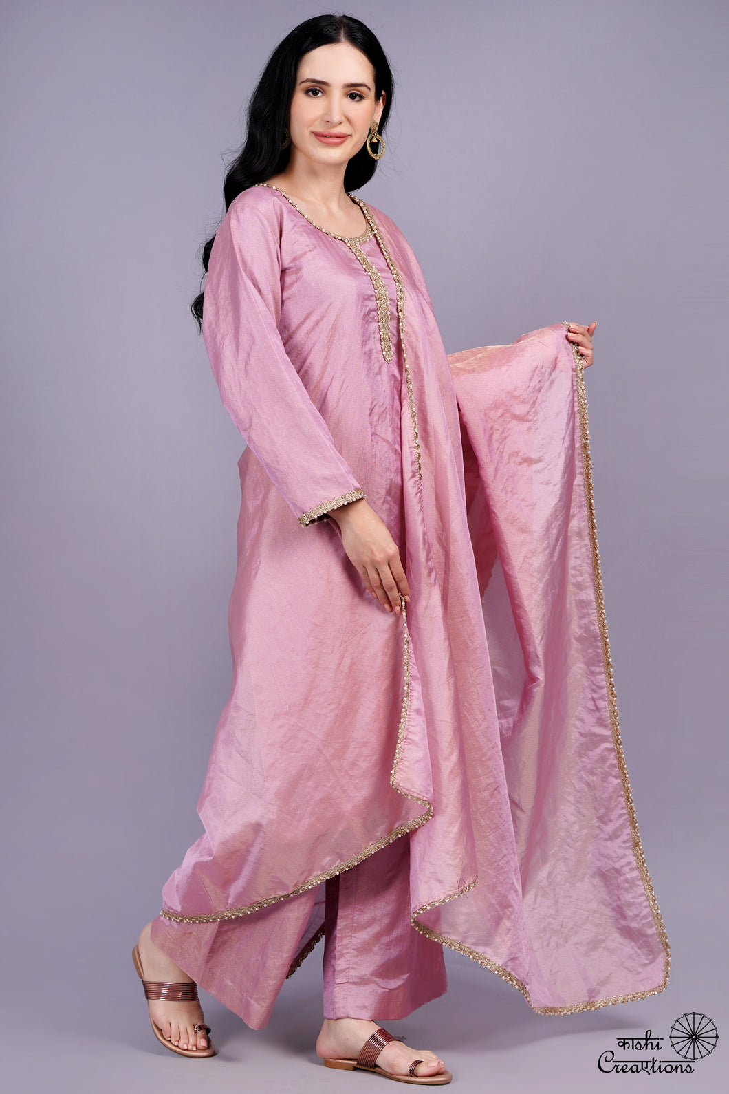 Onion Pink Pure Tissue Silk handwoven Stitched Suit Set