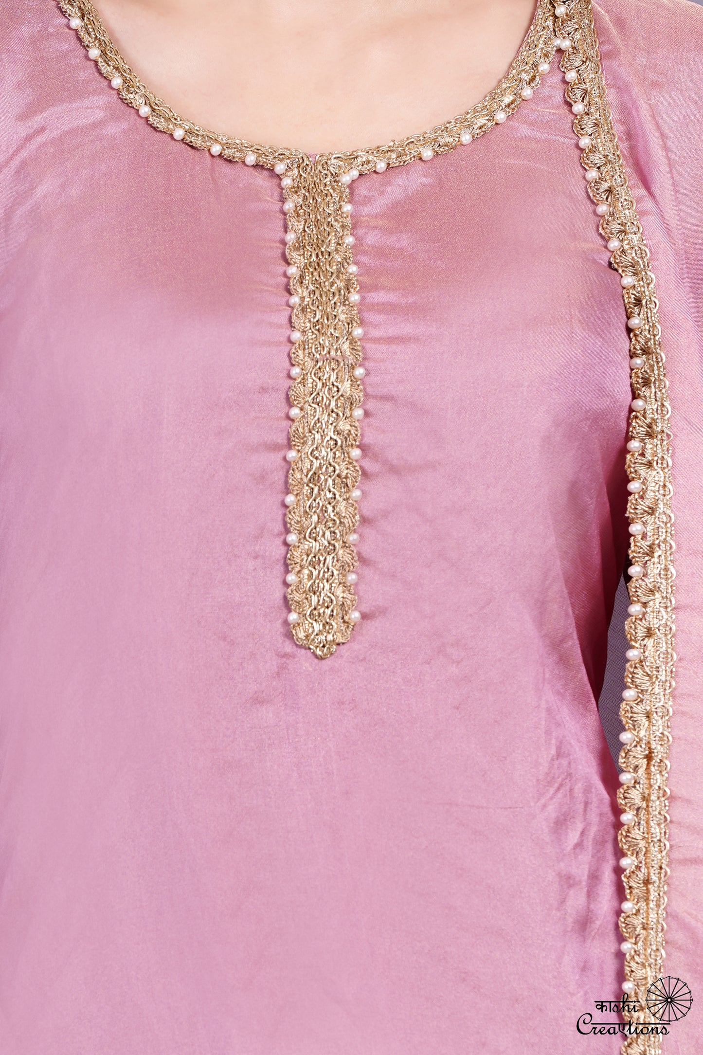 Onion Pink Pure Tissue Silk handwoven Stitched Suit Set