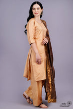 Load image into Gallery viewer, Cream and Brown Pure Tissue Silk Handwoven Suit Set
