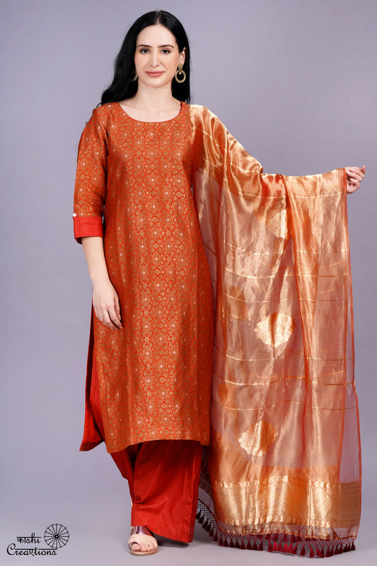 Burnt Orange Pure Katan Silk Brocade Handwoven Stitched Suit Set