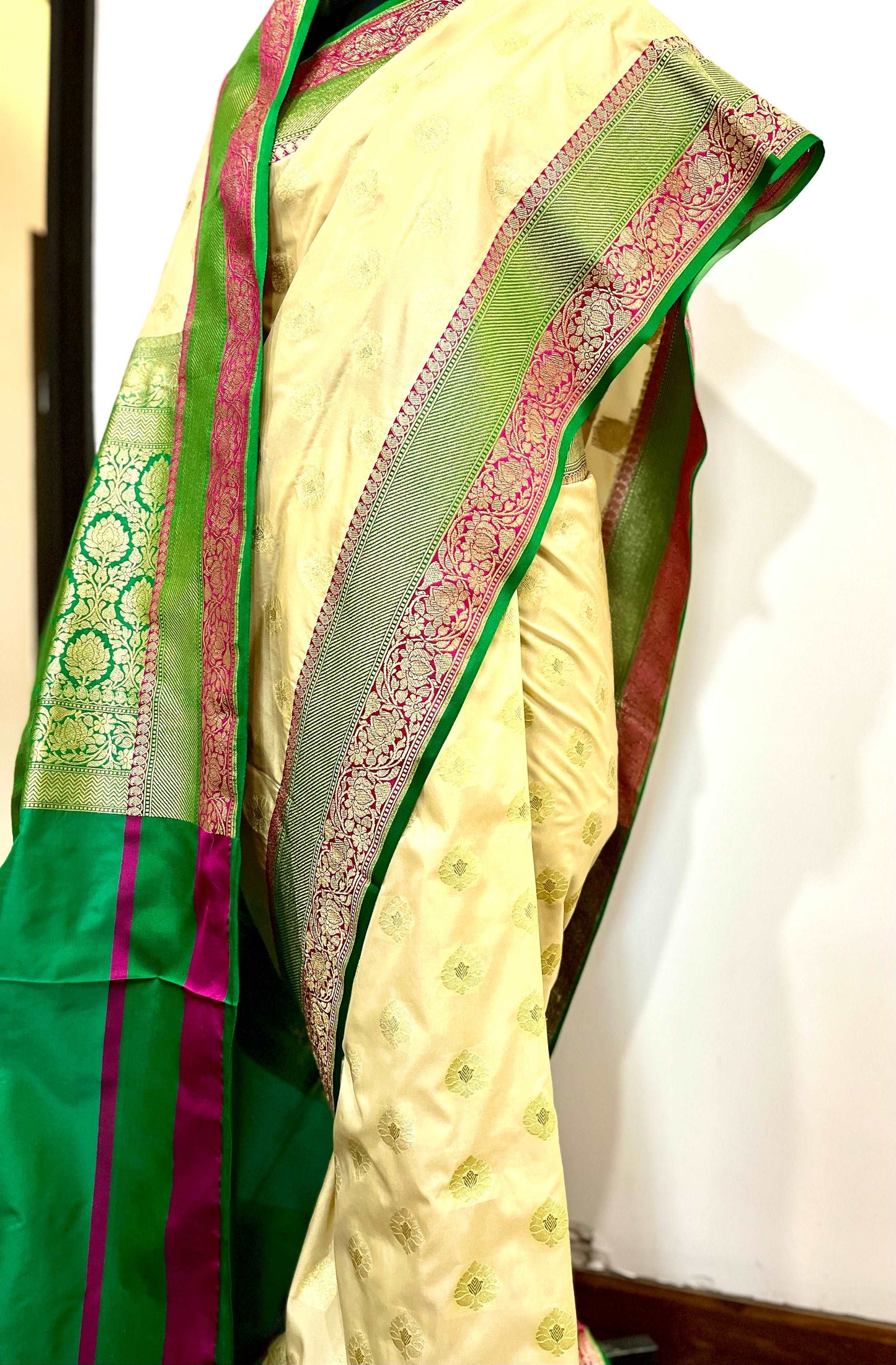 Cream and Green Pure Silk Handloom Banarasi Saree