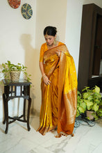 Load image into Gallery viewer, Mustard Yellow and Brown Pure Mashru Silk Handwoven Banarasi Saree in Khadwa Boota Border with Meena
