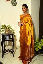 Load image into Gallery viewer, Mustard Yellow and Brown Pure Mashru Silk Handwoven Banarasi Saree in Khadwa Boota Border with Meena
