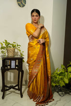 Load image into Gallery viewer, Mustard Yellow and Brown Pure Mashru Silk Handwoven Banarasi Saree in Khadwa Boota Border with Meena
