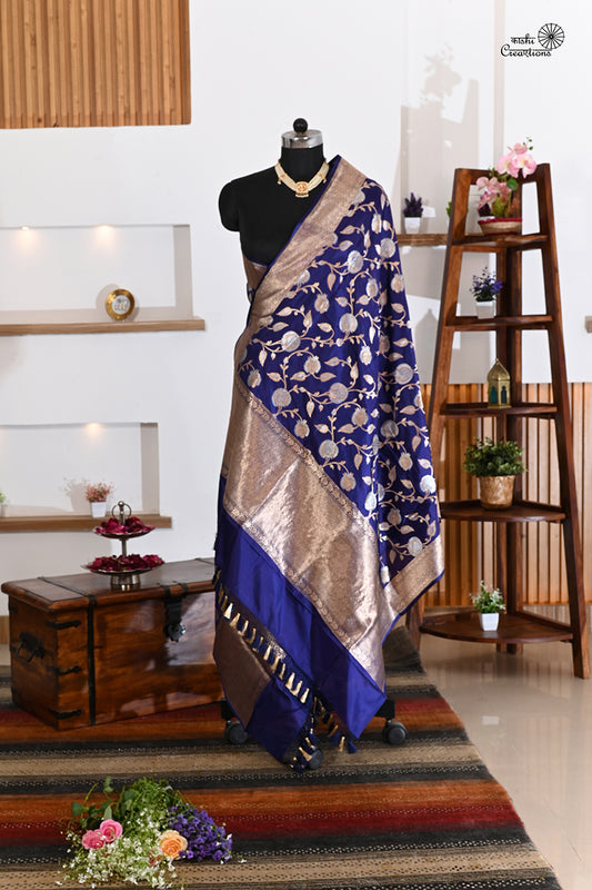 Royal Blue Pure Katan Silk Jaal Handwoven Banarasi Dupatta