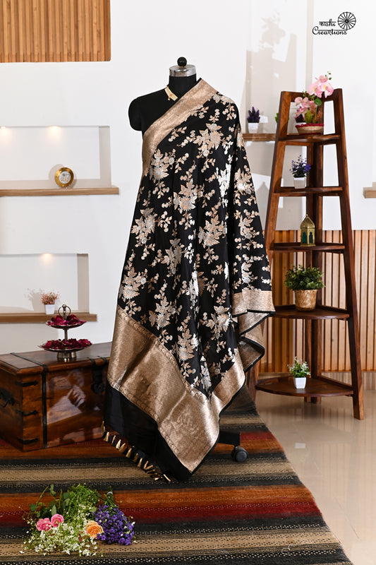 Black Pure Katan Silk Jaal Handwoven Banarasi Dupatta