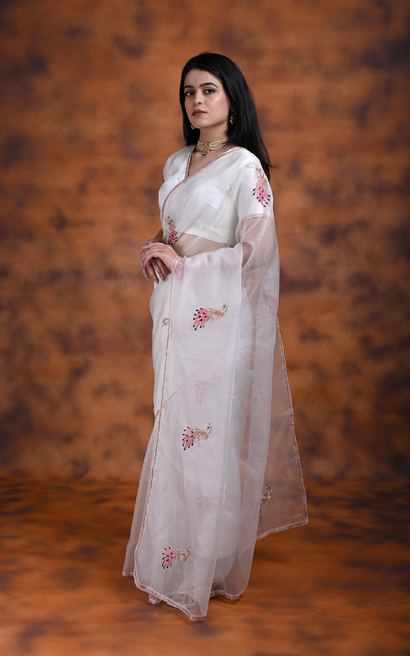 White Kora silk handwork Saree