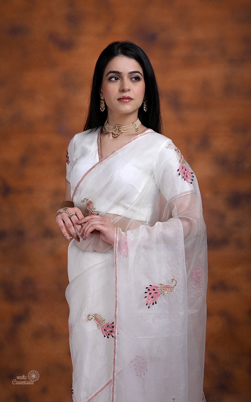White Kora silk handwork Saree