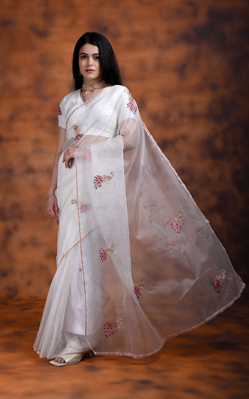 White Kora silk handwork Saree