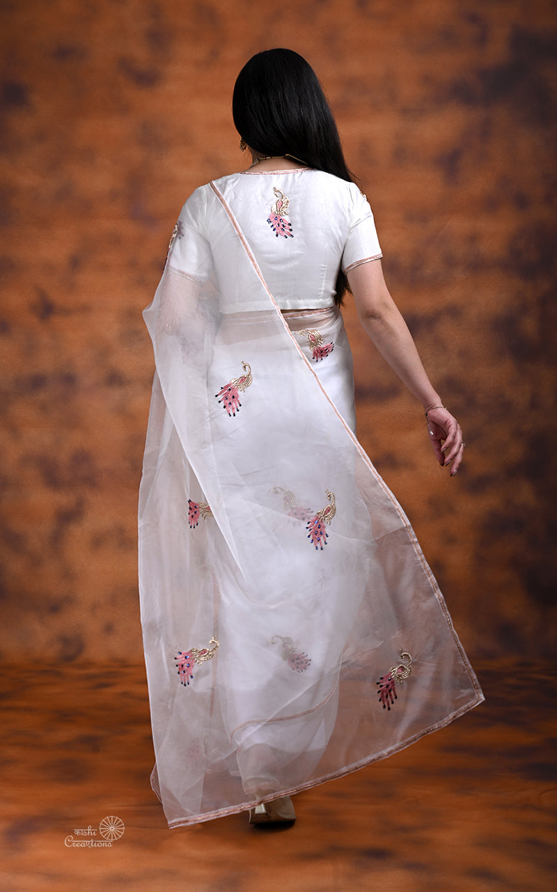 White Kora silk handwork Saree