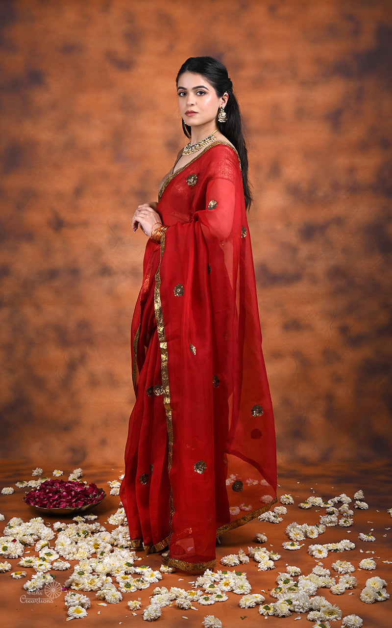 Red Kora silk handwork Saree