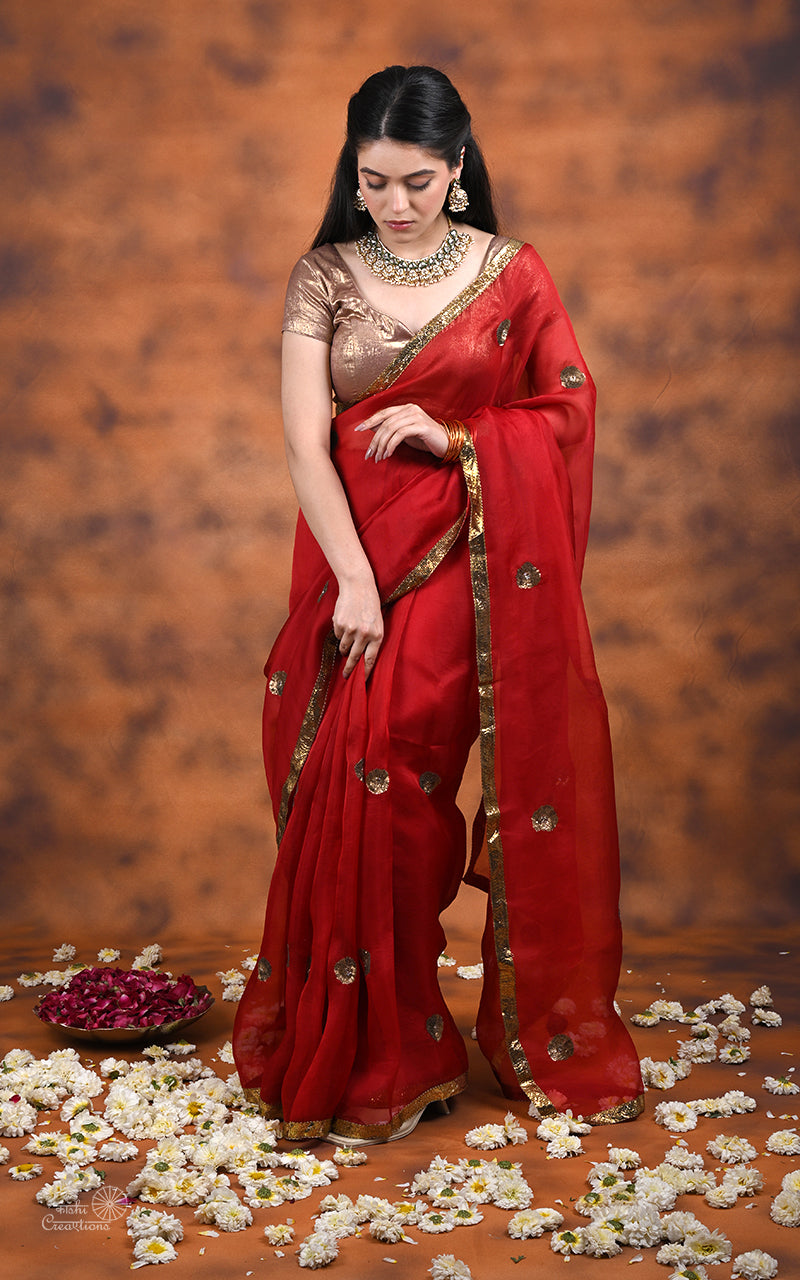 Red Kora silk handwork Saree