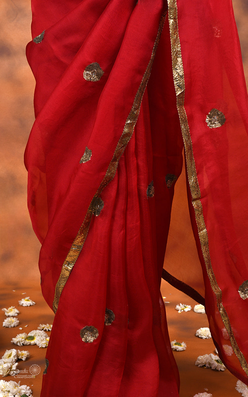 Red Kora silk handwork Saree