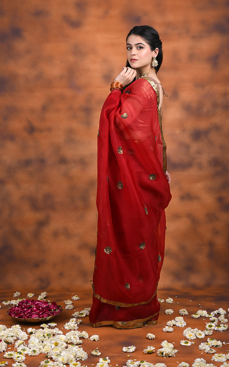 Red Kora silk handwork Saree