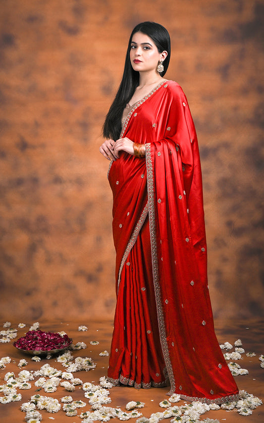 Red Pure Mashru Silk Handwoven  Hand Embroidery Banarasi Saree