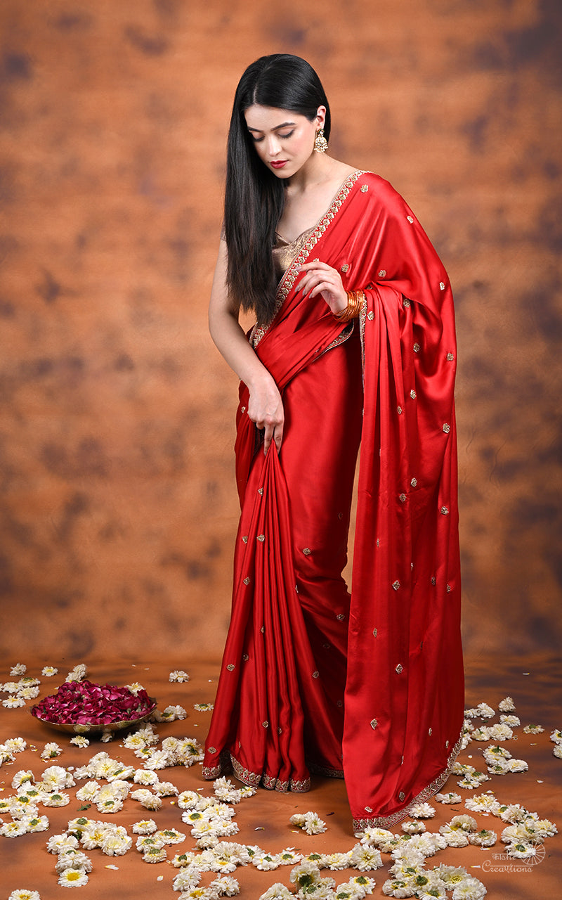 Red Pure Mashru Silk Handwoven  Hand Embroidery Banarasi Saree