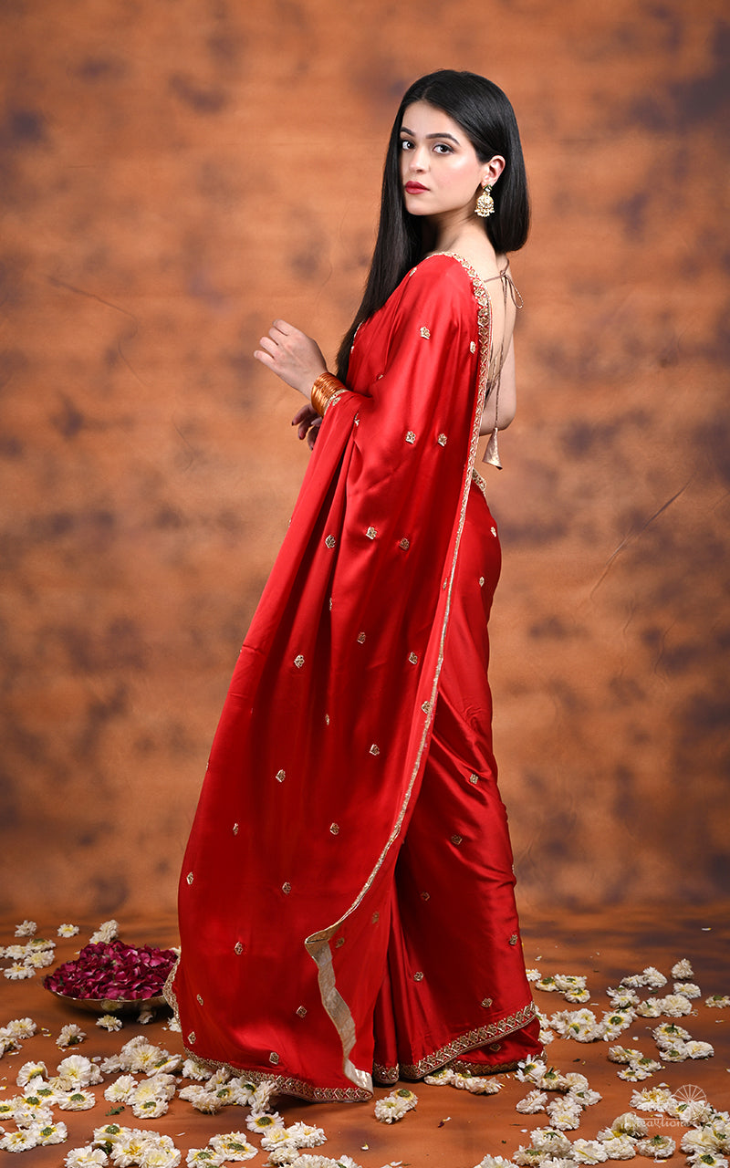Red Pure Mashru Silk Handwoven  Hand Embroidery Banarasi Saree