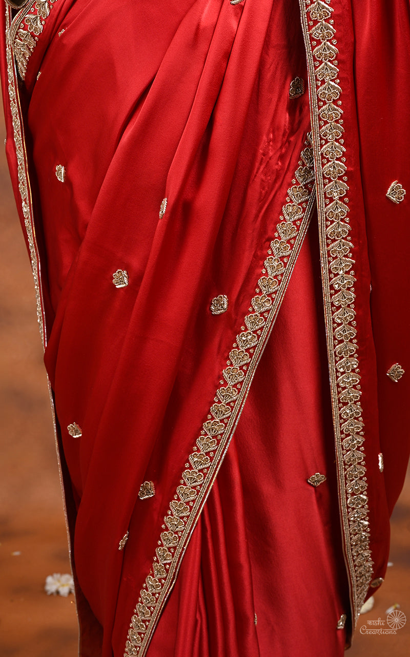 Red Pure Mashru Silk Handwoven  Hand Embroidery Banarasi Saree
