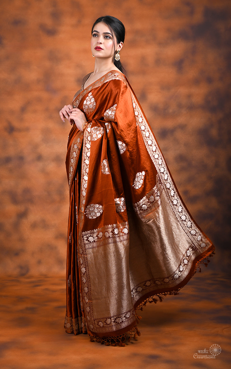 Brick Brown Pure Mashru Silk Handwoven Banarasi Saree