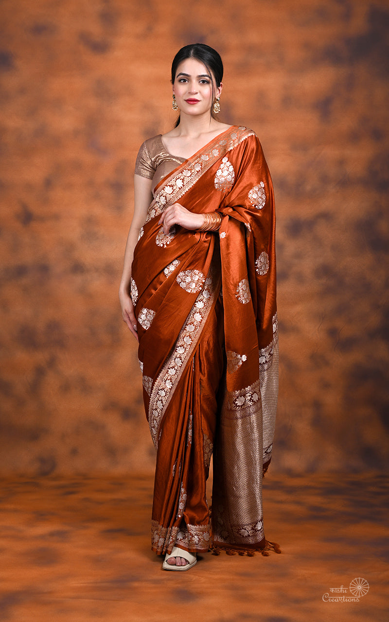 Brick Brown Pure Mashru Silk Handwoven Banarasi Saree