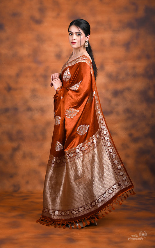 Brick Brown Pure Mashru Silk Handwoven Banarasi Saree