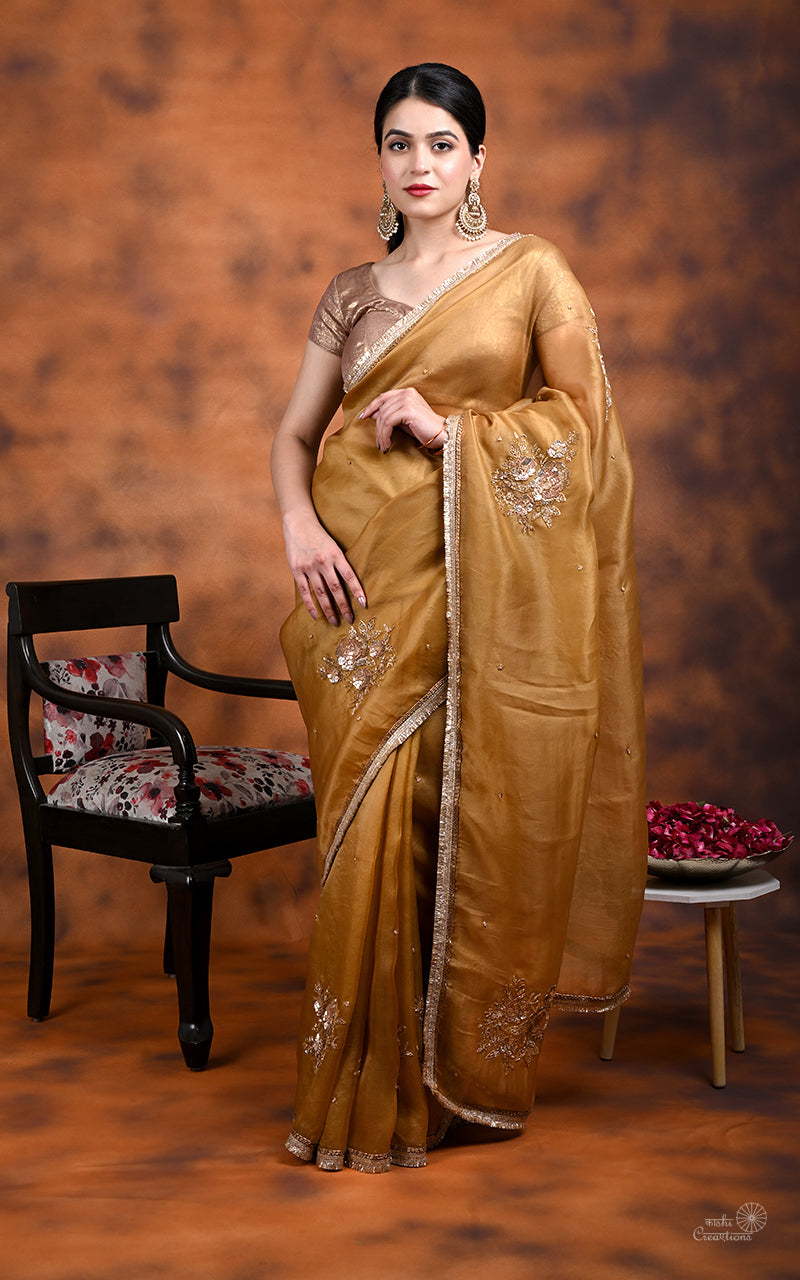 Walnut Brown Kora  Silk Hand work Banarasi Saree