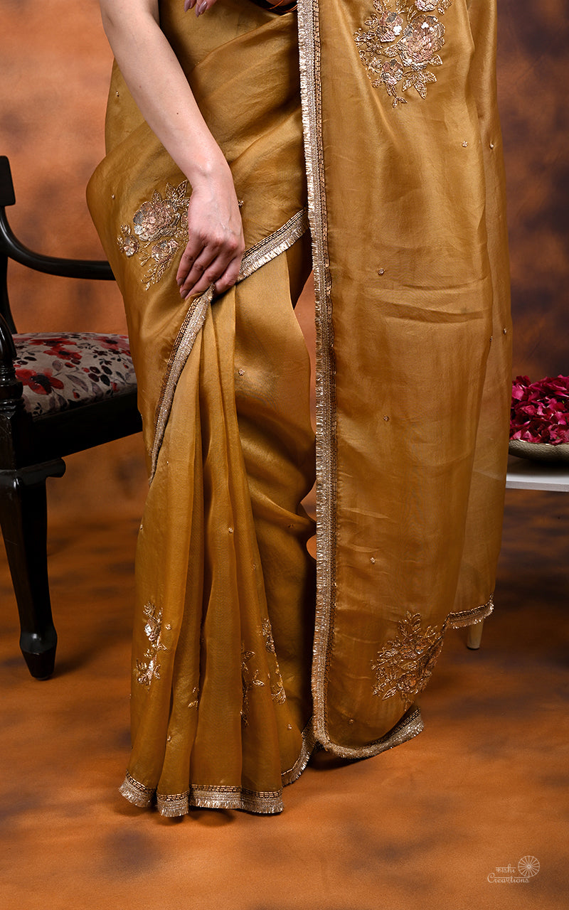 Walnut Brown Kora  Silk Hand work Banarasi Saree