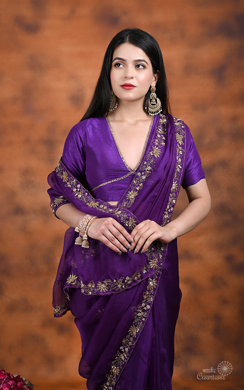 Purple Pure Kora  Silk Hand work Banarasi Saree
