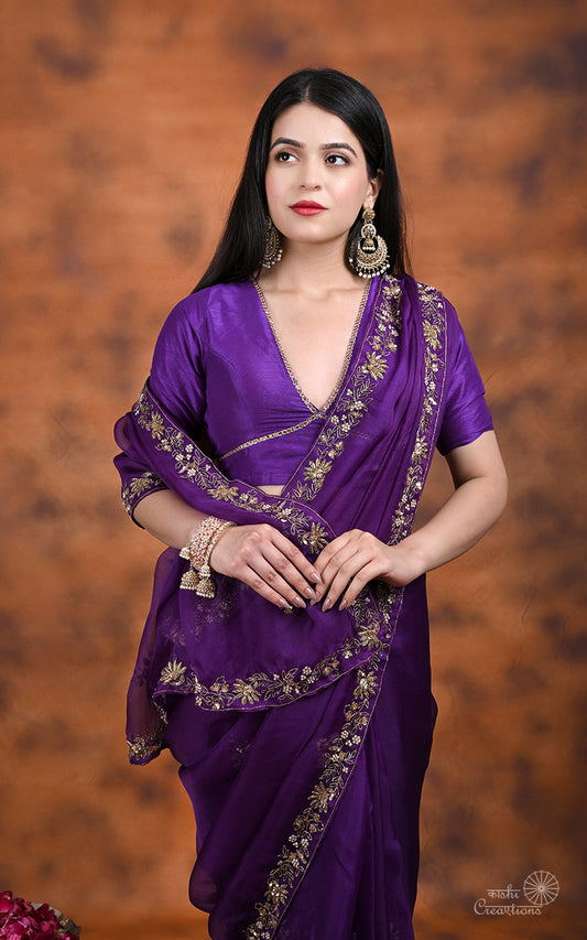 Purple Pure Kora  Silk Hand work Banarasi Saree