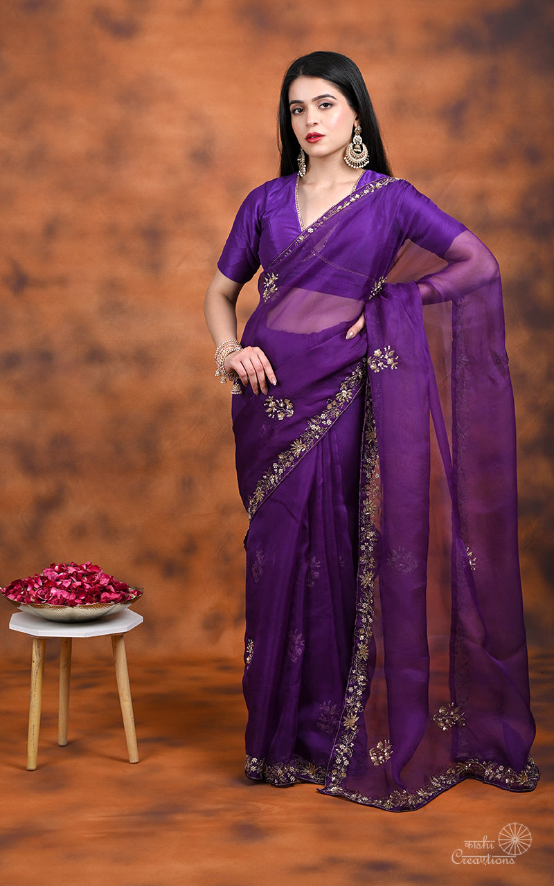 Purple Pure Kora  Silk Hand work Banarasi Saree