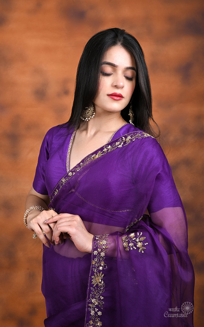 Purple Pure Kora  Silk Hand work Banarasi Saree