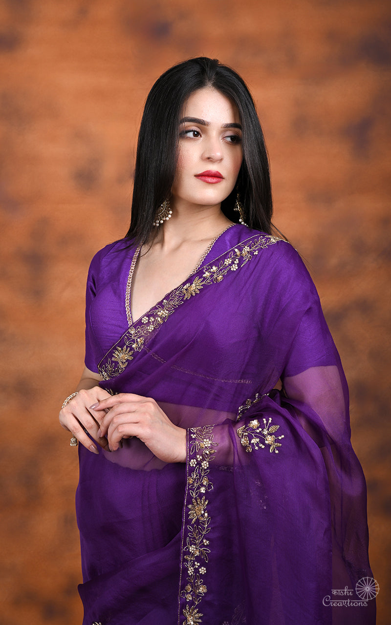 Purple Pure Kora  Silk Hand work Banarasi Saree