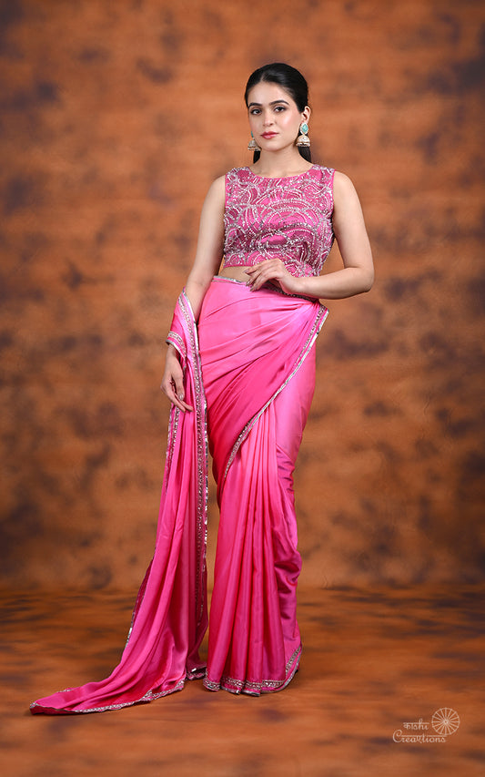 Pink Shaded Pure Mashru Silk Handwoven Banarasi Saree with Hand embroidery