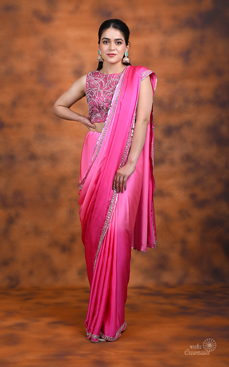 Pink Shaded Pure Mashru Silk Handwoven Banarasi Saree with Hand embroidery