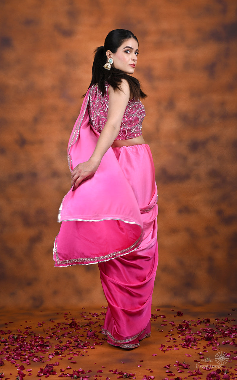 Pink Shaded Pure Mashru Silk Handwoven Banarasi Saree with Hand embroidery