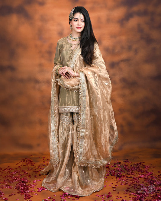 Offwhite Golden Pure Tissue Silk Handloom Garara Set