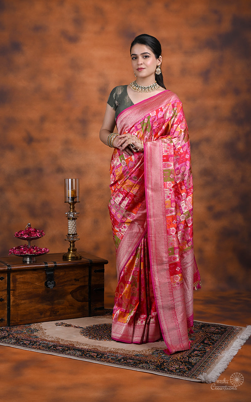 Orange and Pink  Pure Katan Silk Handloom  Saree