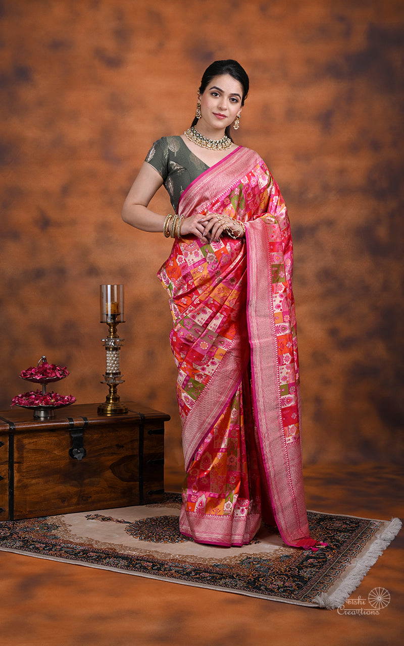 Orange and Pink  Pure Katan Silk Handloom  Saree