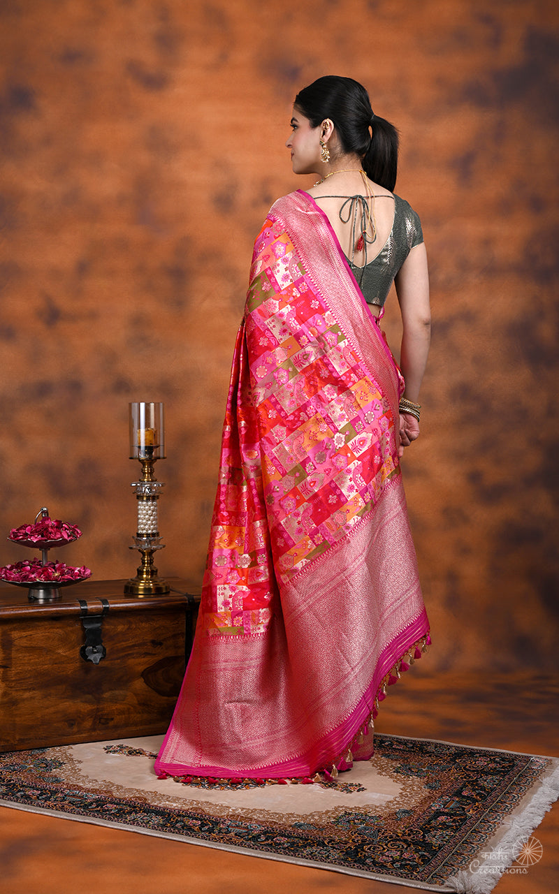 Orange and Pink  Pure Katan Silk Handloom  Saree