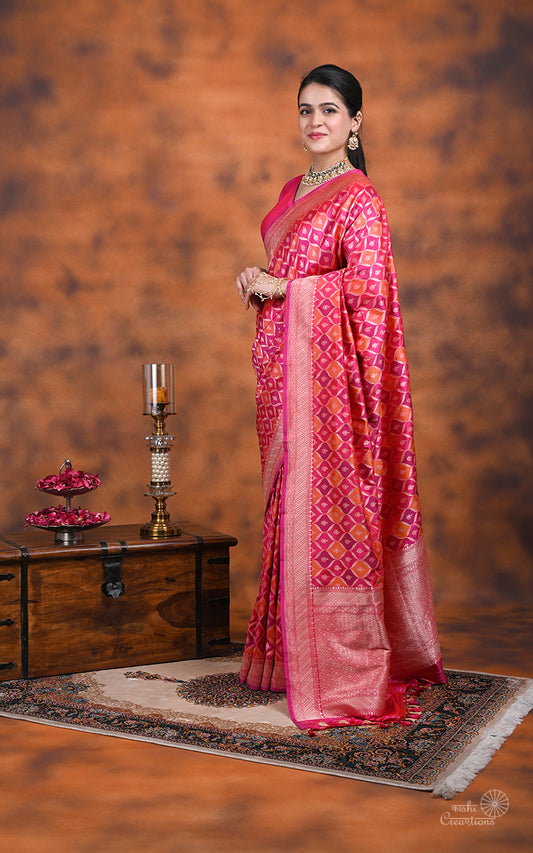 Orange Pink  and Purple Pure Katan Silk Handloom  Saree
