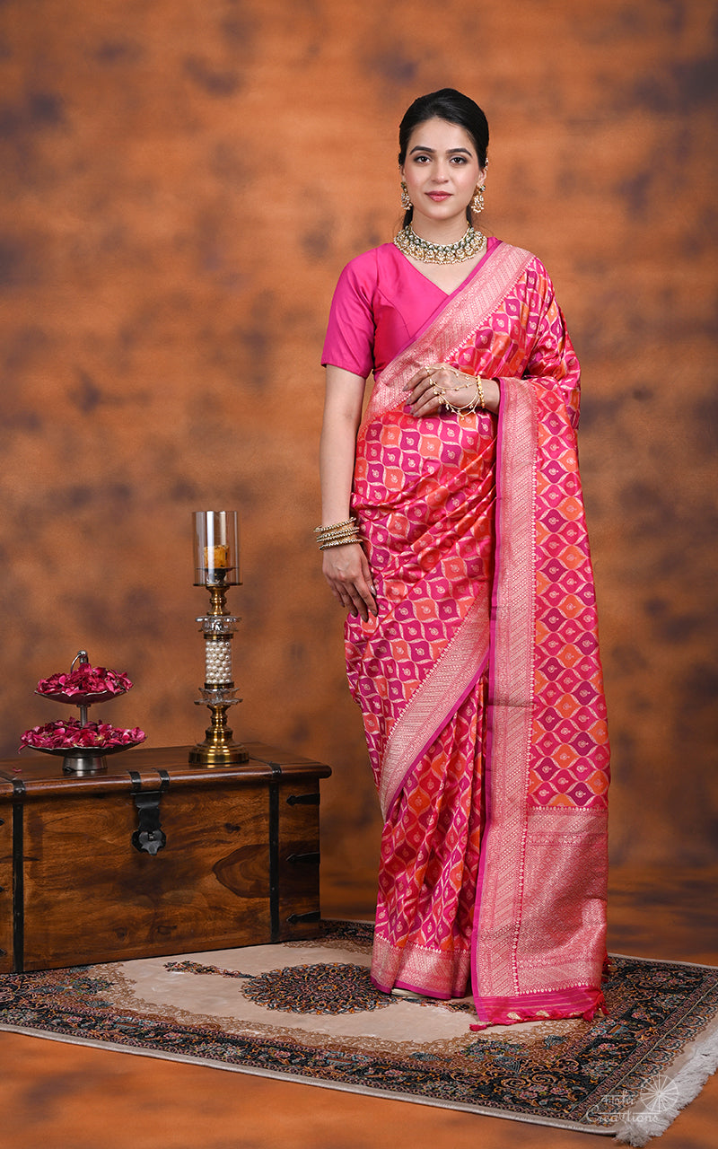 Orange Pink  and Purple Pure Katan Silk Handloom  Saree