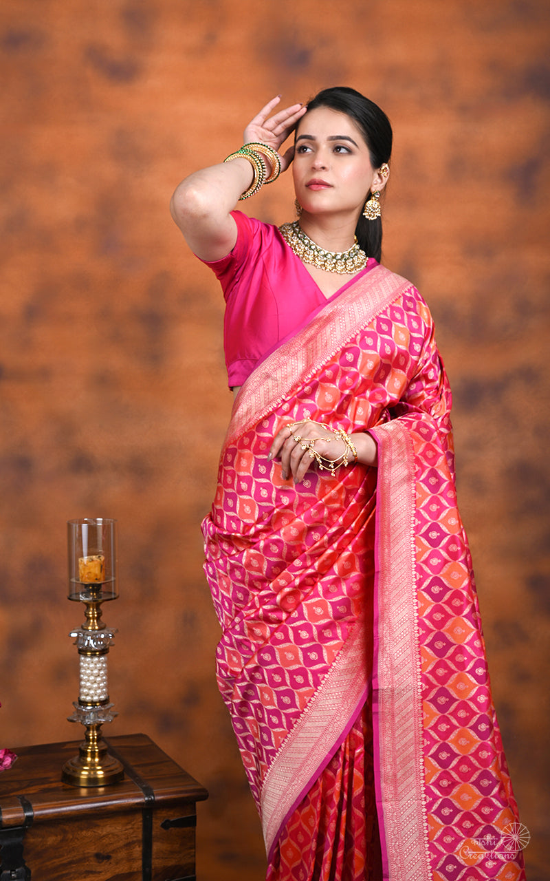 Orange Pink  and Purple Pure Katan Silk Handloom  Saree