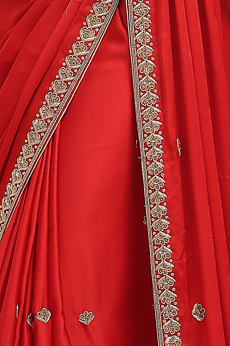 Red Pure Mashru Silk Handwoven  Hand Embroidery Banarasi Saree