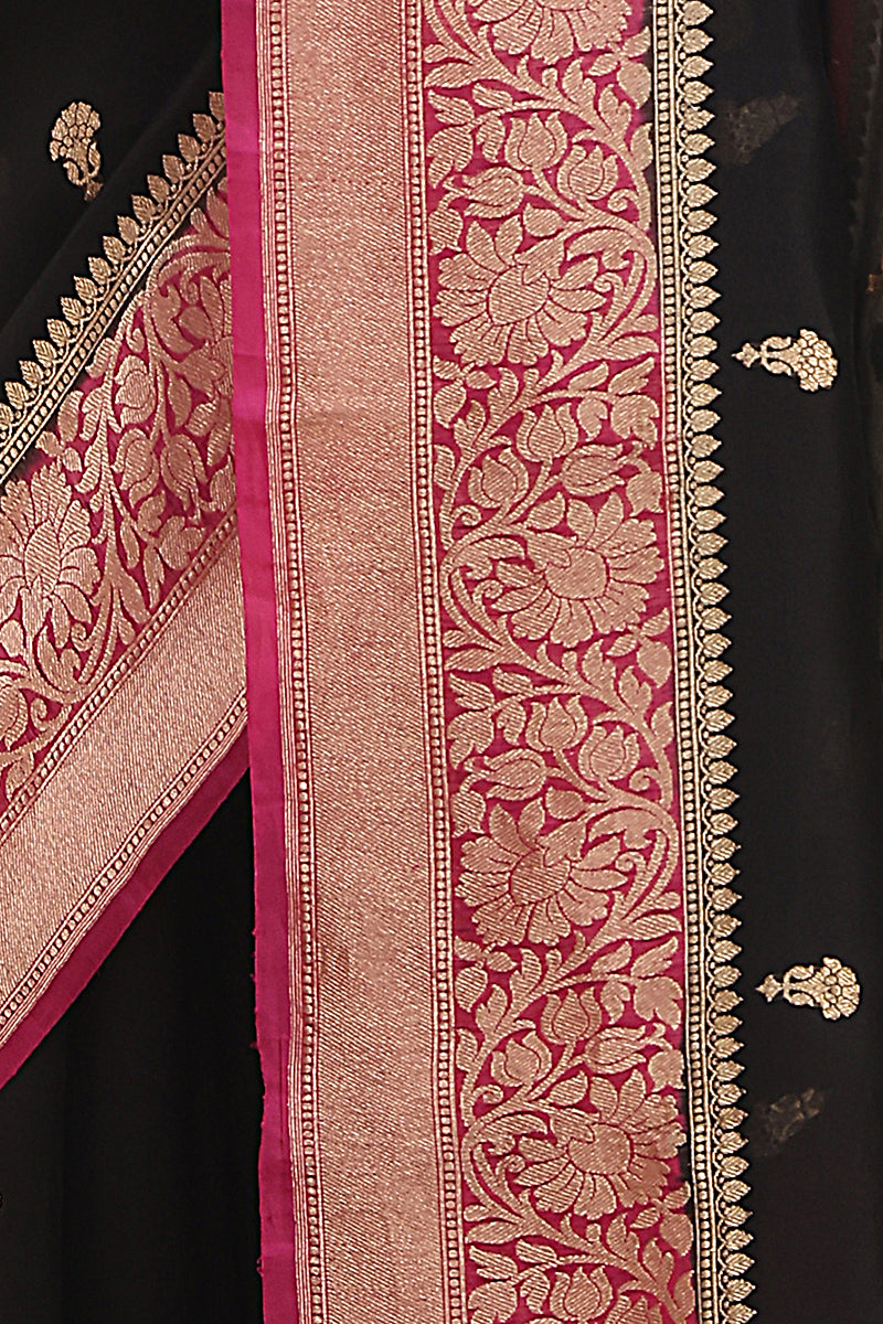 Black and Pink Pure Kora Silk Handloom Banarasi Saree
