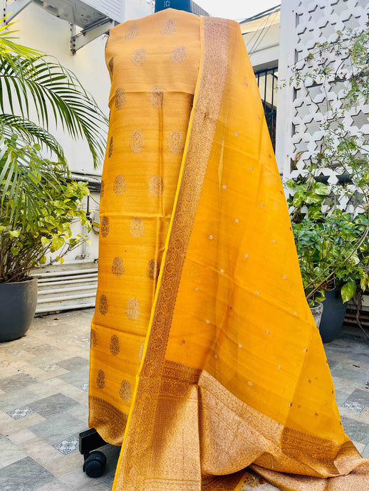 Mustard Yellow Pure Tussar Silk Khadwa Boota Handloom Suit with Pure Kora Silk Khadwa Dupatta