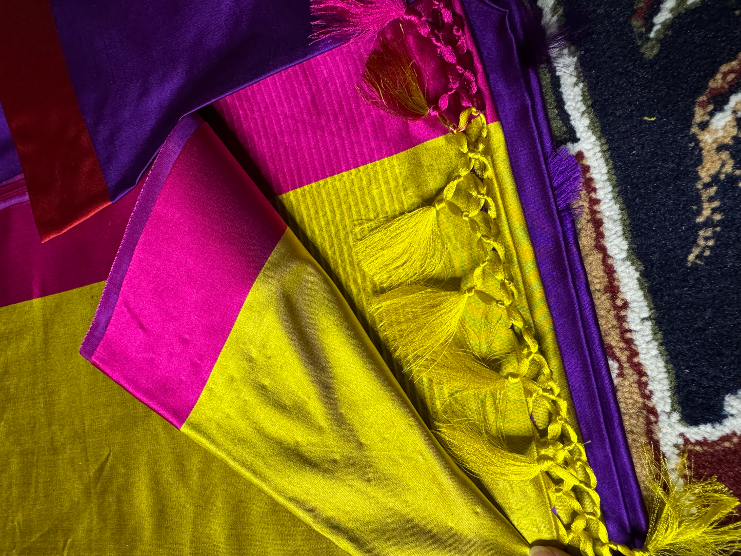 Purple and Lime Green Pure Satin Silk Handloom  Banarasi Saree