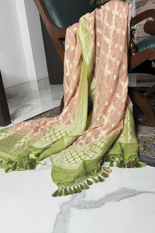 Rose Gold  Pink and Green Pure Khaddi Georgette Handwoven Banarasi Dupatta