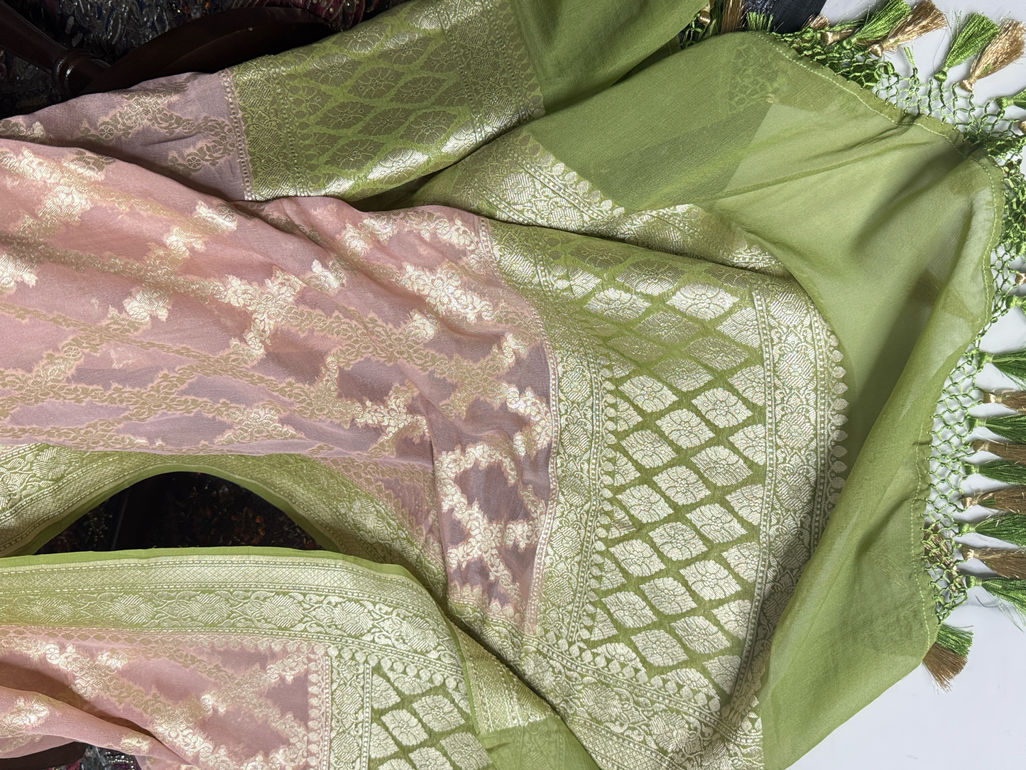 Rose Gold  Pink and Green Pure Khaddi Georgette Handwoven Banarasi Dupatta