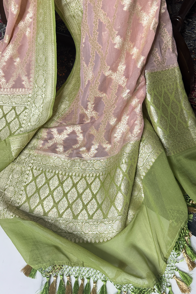 Rose Gold  Pink and Green Pure Khaddi Georgette Handwoven Banarasi Dupatta